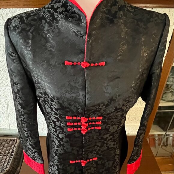 Women's Jacket Top Blazer Asian Chinese Jacquard Satin Black and Red Sz S-M - Picture 7 of 8
